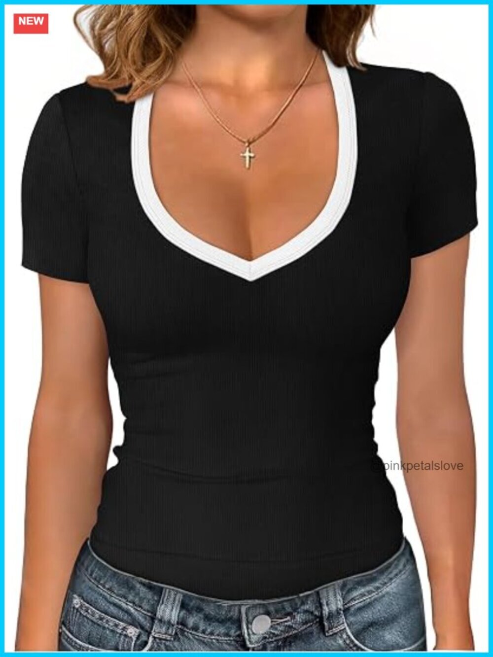 V-Neck Ribbed Short Sleeve T-Shirt Slim Fit Basic Tee Summer Top